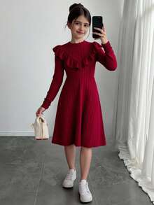 Gaun Midi Anak Perempuan Remaja Elegan dengan Kerah Tegak, Tekstur Rajutan Aran Stitch, Hem Bergelombang, Model Fit & Flare, Warna Merah Anggur, Cocok untuk Natal, Halloween, Tahun Baru - Burgundy - View 7