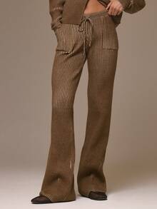 MUSERA Two Tone Knit Fitted Flare Trousers Pocket Detail Cool Girl, Streetstyle, Cute, , , Winter - Multicolor - View 2