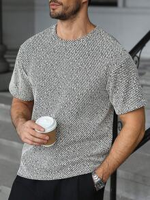 Manfinity Homme 男士成熟休闲圆领T恤，黑米色条纹灰色针织短袖T恤，男士休闲通勤T恤，印花T恤，男士图案T恤 - 彩色 - 查看 6