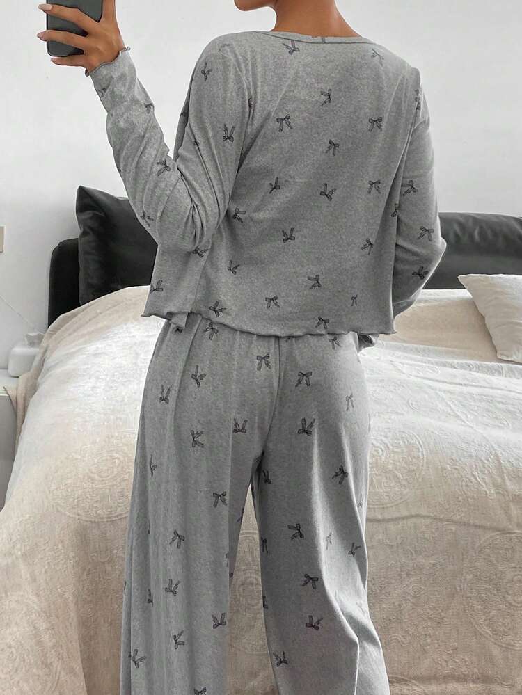 3pcs Bow Print Allover Print Camisole Top & Pants & Button Placket Top Women Pajama Set, Fall & Winter Clothes