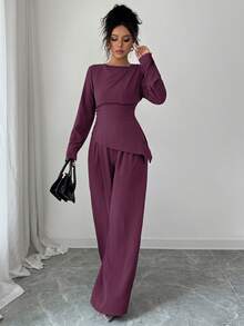 SHEIN Raffinéa 2pcs Women Solid Color Fold Hem Asymmetrical Hem Long Sleeve Set - Purple - View 7