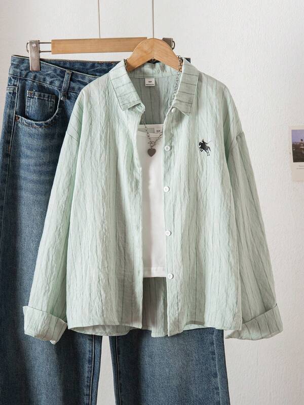 SHEIN Tween Girl Knight Print Striped Drop Shoulder Casual Shirt