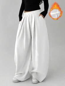 FavEase Women's Fleece Elastic Waist Solid Color Pleated Casual Sweatpants - White - View 6