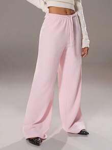 TRNVIE 1pc Women's Casual Drawstring Elastic Waist Knit Pants, Soft Thermal Lined, Suitable For Valentine's Day, Dates, Daily Wear, Autumn/Winter - Pink - View 5