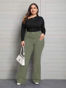 EMERY ROSE Plus Size Women Elastic Waist Pockets Casual Flared Jeans - Army Green - View 5