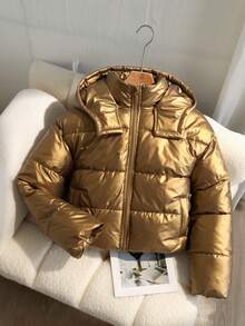 Abrigo acolchado con capucha de talle ceñido y solapa única para adolescentes, adecuado para uso casual, ir al trabajo y citas, invierno - Marrón - Ver 9