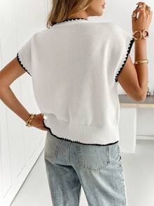 Siren Gaze 女式法式休闲撞色边宽松针织毛衣 - 白色 - 查看 2