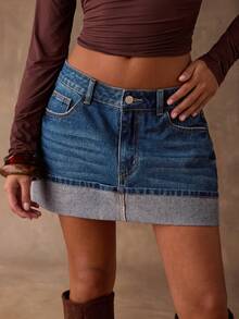 SHEIN BAE Women's Dark Blue Washed Distressed Vintage Low-Waisted Denim Skirt With Built-In Shorts, Perfect For Autumn And Winter. Suitable For Casual Outings, Commuting, Work, Shopping, Christmas, Thanksgiving, And New Year's.Denim Mini Skirt - Dark Wash - View 4