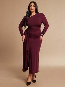 SHEIN BAE Plus Size Women's Burgundy Long Sleeve Asymmetrical Hem Maxi Dress, Autumn/Winter, Burgundy Dress Wine Dress Long Sleeve Formal Dress Maroon Dress Winery Dresses For Women - Burgundy - View 5