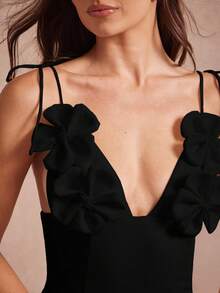 L'Amorae Đầm ngắn dự tiệc mùa hè cổ thấp phối họa tiết hoa 3D thanh lịch, dây buộc mảnh - màu đen - Xem 2