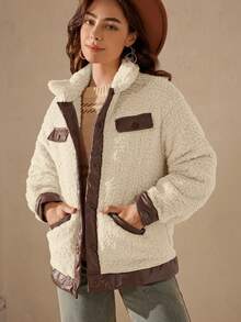 Wildy 女士休闲PU拼接仿毛皮口袋外套，秋冬款 - 杏色 - 查看 6