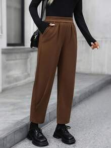 EMERY ROSE Women's Espresso Brown Elastic Waist Pocket Tapered Casual Pants,Autumn Date High Waist Loose Versatile Brown Pants Winter Clothes For Women Tall - Brown - View 7