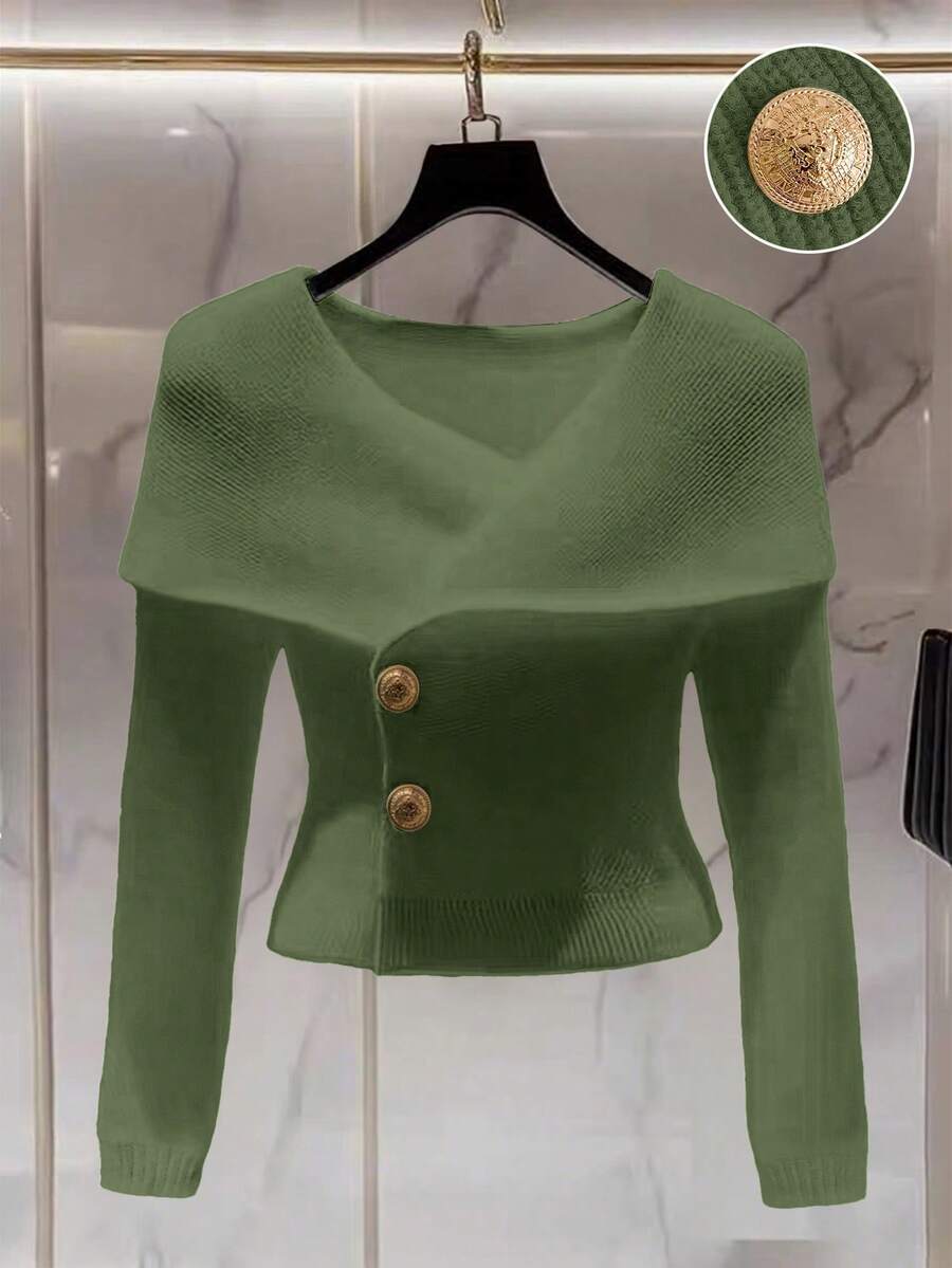 Franclia Women's Sage Green Cross V-Neck Knitted Cardigan,Elegant Formal Autumn Slim Fit Metal Button Long Sleeve Sweater,Casual Business Office Chic Tops - Army Green - View 1