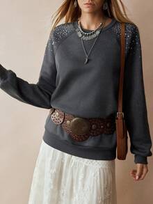 Chiquease Women's Elegant Rhinestone Embellished Sweatshirt, Autumn/Winter - Dark Grey - View 3