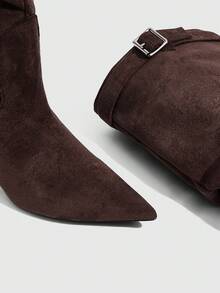 CUCCOO SZL Botas altas hasta la rodilla con puntera puntiaguda, tacón alto y diseño de hebilla - Café integral - Ver 6