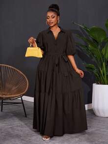 SHEIN CURVE+ Váy maxi xếp ly chữ A tay ngắn màu trơn cỡ lớn 2025 dành cho nữ, dáng rộng, kỳ nghỉ Hoho - màu nâu - Xem 6