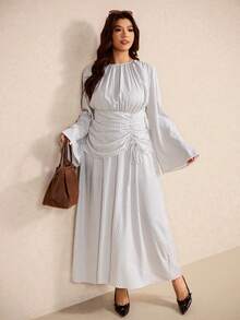 Elaquor Plus Size Round Neck Raglan Sleeve Ruched Striped Dress - Apricot - View 5