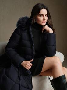 Anewsta 女士冬季新款羽绒服，优雅简约长款过膝连帽可拆卸毛领腰带A字下摆时尚羽绒服 - 藏蓝色 - 查看 3