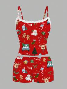 SHEIN EZwear 2件套女士蕾丝吊带背心和褶皱短裤，适合夏季 - 紅色 - 查看 2