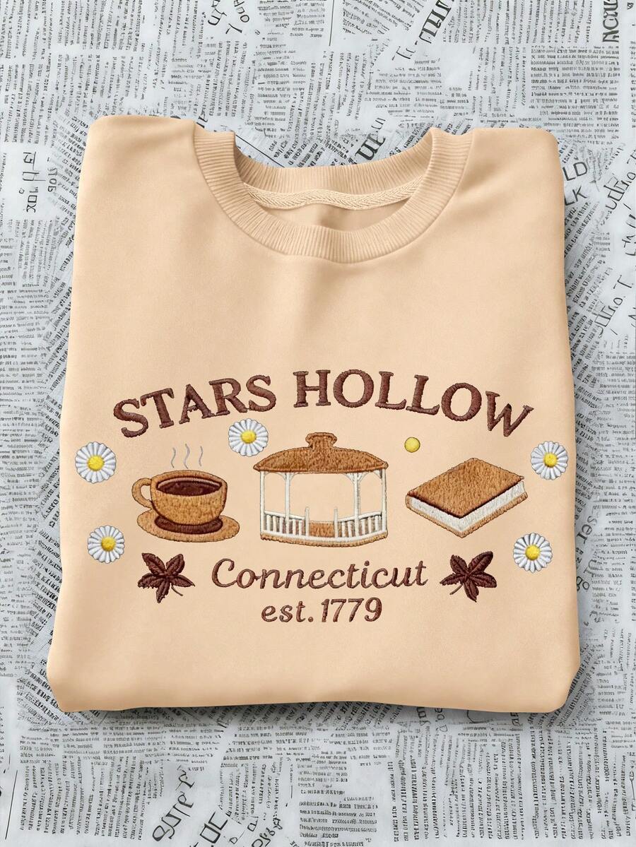 EMERY ROSE Stars Hollow Imitation Embroidery Effect PatternSweatshirt, Cozy Fall Crewneck Sweatshirt, Coffee Book Lover Gift, Cozy Season Sweatshirt - Khaki - View 1