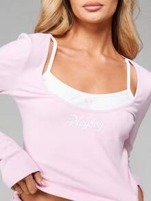 Missguided x Playboy Ribbed Long Sleeve Crop Top Wide Leg Pants Coordinated Loungewear Matching Set - Multicolor - View 5