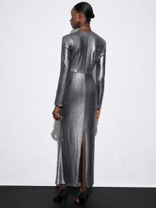 Aveloria Modichic Robe de soirée à la mode avec design torsadé col V, manches longues, style automne/hiver, style européen et américain - Argent - Voir 2