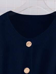 SHEIN Franclia 女士圆领纽扣配腰带长款针织毛衣裙 - 藏蓝色 - 查看 3