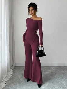 Elenzga 女士时尚休闲两件套，不对称肩部下摆褶皱金属装饰长袖罗纹修身T恤 + 罗纹修身喇叭裤 - 玫紅色 - 查看 4