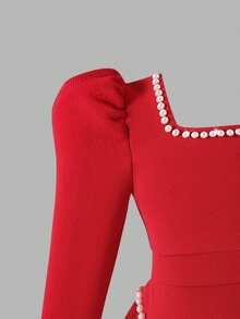 Elladie kids Girls Red Textured Knit Crew Neck Beaded Ruffle Hem Dress With Puff Sleeves, Fashionable And Elegant For Everyday, Gatherings And Parties - Red - View 7