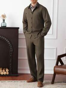 Core Aspect Men's Solid Color Long Sleeve Single-Breasted Shirt And Pants Casual Suit Men Two Piece Set Men 2 Piece Set,Old Money Style - Coffee Brown - View 3