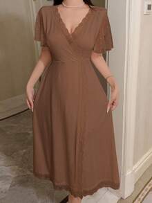 DAZY Knit Patchwork Polka Dot Mesh Lace Patchwork Waist V-Neck Women's Loungewear Dress - Brown - View 3
