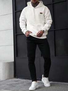 Manfinity Homme 男士休闲连帽卫衣，日常百搭，浅灰色街头风长袖上衣 - 白色 - 查看 4