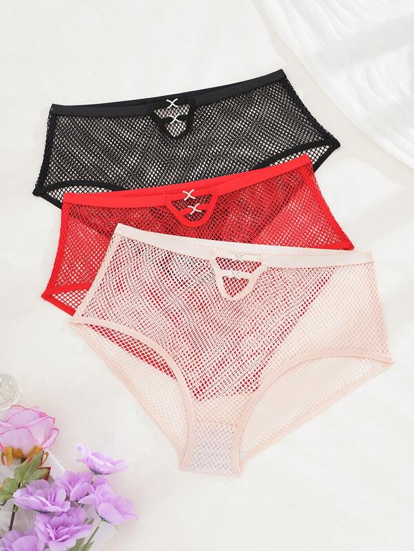 3pcs/Set Plus Size Solid Color Breathable Hollow Mesh Sexy Underwear