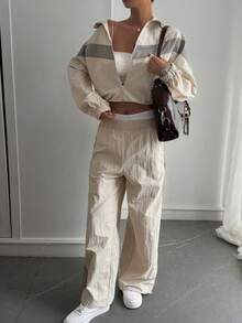 DAZY 女士休闲高领拼接宽松上衣和阔腿裤运动套装，秋冬款 - 灰色 - 查看 4