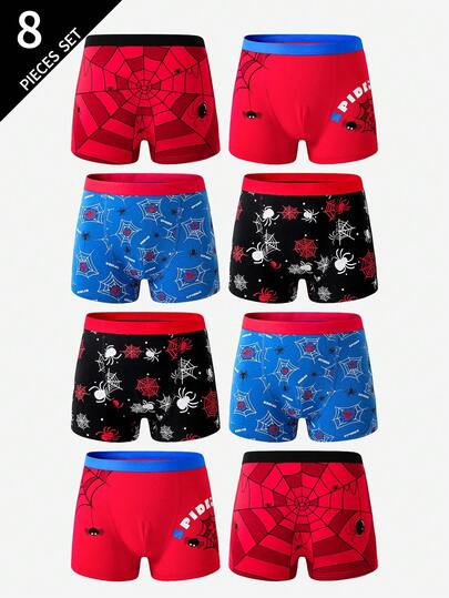 Paquete de 8 boxers cómodos de algodón con estampado de araña para niños escolares