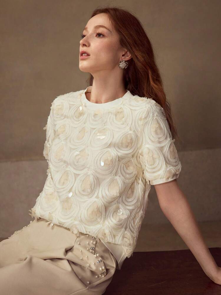 SEQUINS MESH TEXTURED KNIT PUFF SLEEVE TOP , FASHIONABLE, ELEGANT, LUXURIOUS