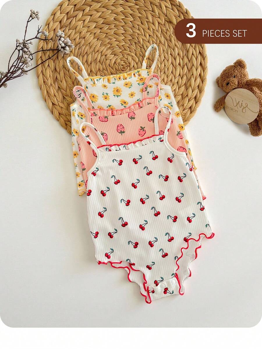 3件套新生女宝宝可爱碎花图案吊带连体衣，夏季印花