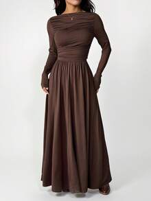 SHEIN PETITE 女式纯色修身长袖连衣裙，韩版风格 - 棕色 - 查看 3