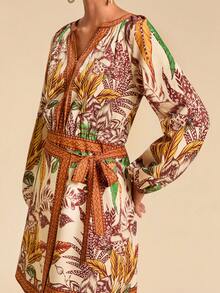 Travachic Vestido envolvente de manga larga con estampado tropical fluido estilo boho para mujer, conjunto de brunch de vacaciones en color crema, casual para vacaciones de otoño, elegante vestido de Nochevieja - Multicolor - Ver 6