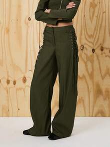 COUREZ Lattice Detail Overized Fit Tailored Trousers /Y2K Going Out Outfits Wide Leg Pants Fall Clothes For Women Winter Clothes For Women Wide Leg Pants Elegant Office