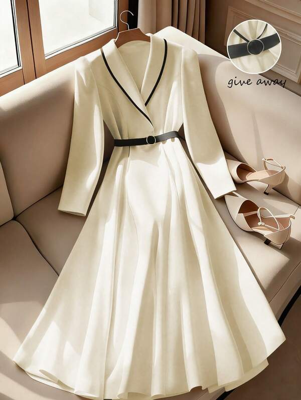 Franclia Elegant Dresses Fashionable Dresses Lapel-Design Dresses Contrast-Color Neckline Dresses Black Midi Dresses Long-Sleeve Dresses Date Night Dresses Commuter Dresses Everyday Dresses Fall/Winter Dresses Apricot Dresses Réveillon Women's Elegant Dresses Women's Formal Dresses Women's Holiday Dresses Midi Dresses