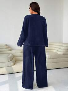 Solflare Navy Blue Plus Size Women's Crew Neck Long Sleeve Ribbed T-Shirt And Wide Leg Pants Casual 2-Piece Set,Smart Casual Everyday Autumn Chic Outfit,Fall - Navy Blue - View 2