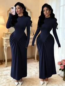 SHEIN Elenzya 秋冬新款法式/欧式优雅立领褶皱修身鸡尾酒连衣裙，设计精致，适合独立日穿着 - 藏蓝色 - 查看 6