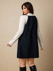 Elaquor Plus Size Women 2pcs Set: Solid Color Frill Collar Long Sleeve Top And Single-Breasted Strap Dress - Black and White - View 2
