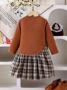 Elladie kids Young Girls Brown Vintage Plaid Patchwork Long Sleeve Dress, Fashionable Delicate Niche Style Dress, School Girl Look, Suitable For Early Autumn