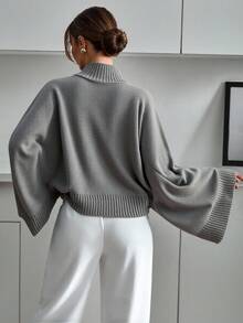 EURMUSE Chic Black Batwing Sleeve Knit Sweater With Relaxed Oversized Fit And Effortless Minimalist Elegance - Grey - View 2