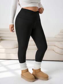 Solflare Plus Size Casual Solid Color Slim Fit Pants/Winter - Black - View 7