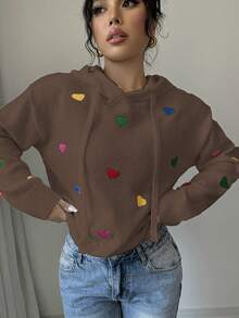 Elenzga Women's Drop Shoulder Long Sleeve Heart Pattern Hooded Drawstring Sweater