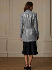GENKIRA Autumn Elegant Sequin Embellished Lapel Double-Breasted Blazer, British Style - Multicolor - View 2