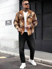 Manfinity CasualCool Men's Casual Plaid Linen Button Hoodie Shirt Earthy Clothes Men Men Shacket Men Flannels Brown Jacket Men Plaid Jacket Men - Coffee Brown - View 5